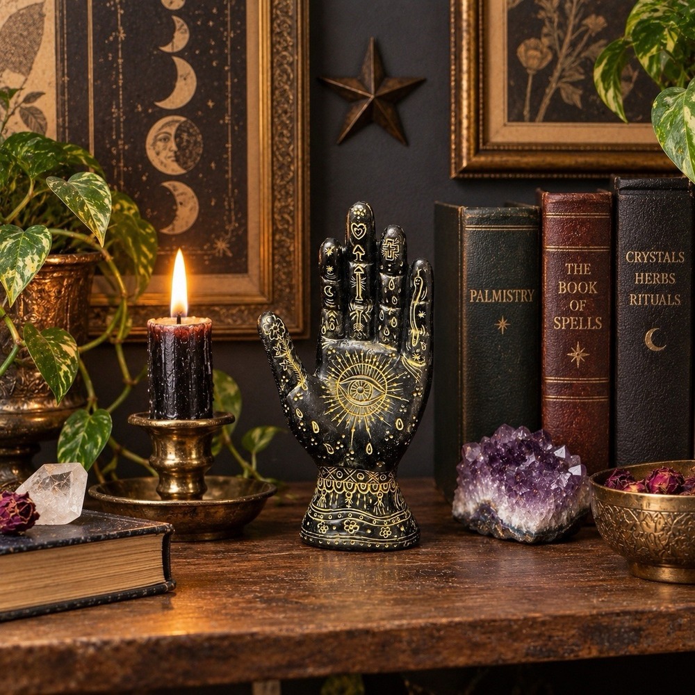 Black Gold Resin Palmistry 7" Hand All Seeing Eye Witchy Goth Celestial Decor
